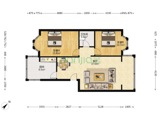 糍粑店街4号 2室1厅1卫 91平方
