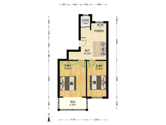 解放路6号 2室1厅1卫 57平方