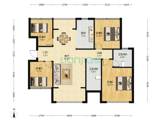 白晶谷24组团一期 4室1厅2卫 107平方