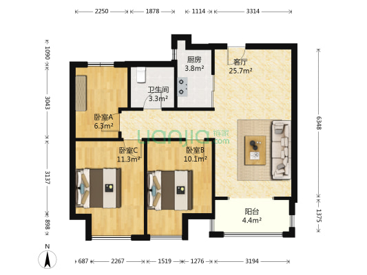 汇泉城2号院 3室1厅1卫 88平方