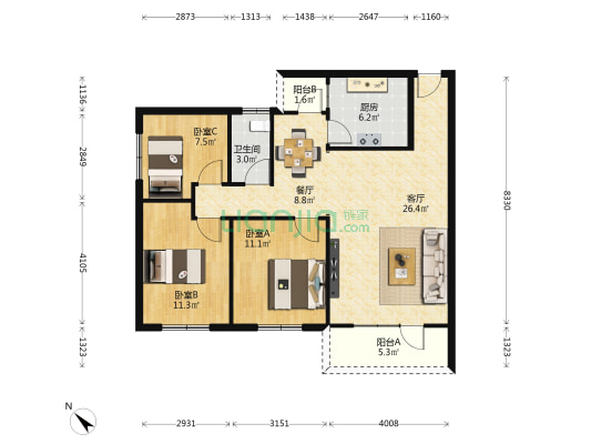 兴安楼 3室2厅1卫 92平方