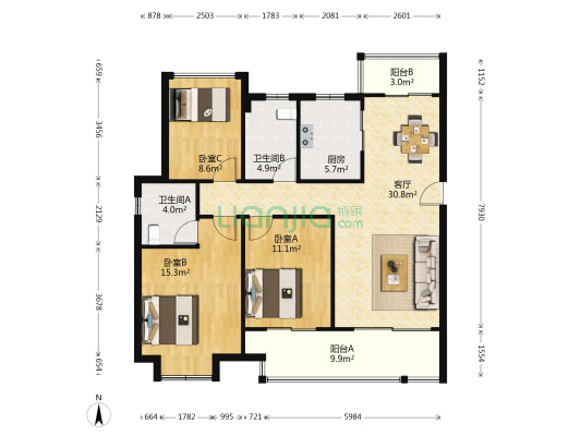 珺未来花苑东区 3室1厅2卫 128平方