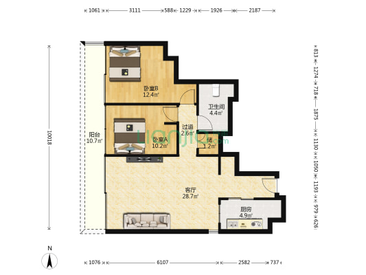 阳光100 2室1厅1卫 90平方