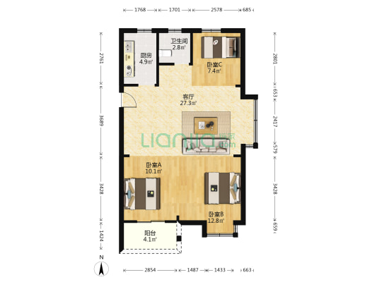 鸣芩嘉苑二期（B地块） 3室1厅1卫 90平方
