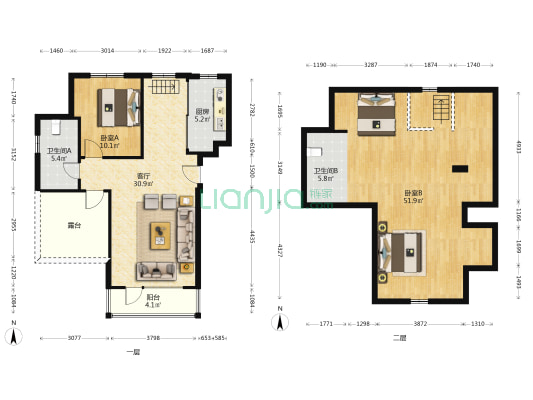 将军府 2室1厅2卫 68平方