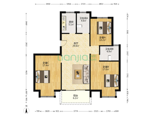 光夏花园 3室1厅2卫 125平方