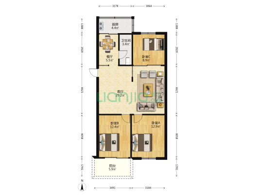 海潮小区 3室2厅1卫 94平方
