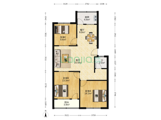 唐訾路公路局 3室2厅1卫 93平方
