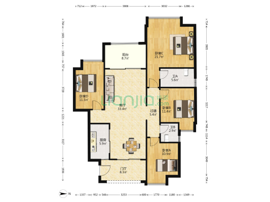 铺金载水一方 4室1厅2卫 143平方
