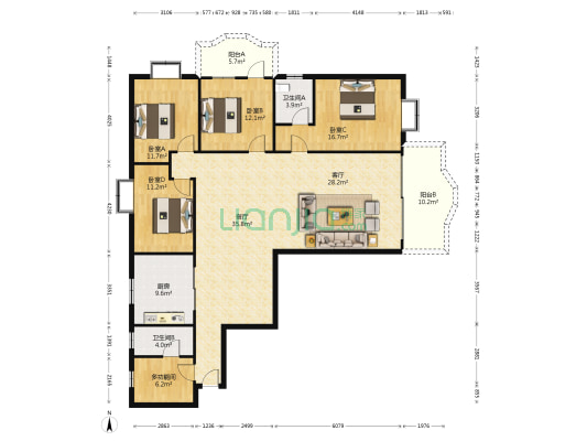 劳动大厦 5室2厅2卫 187平方