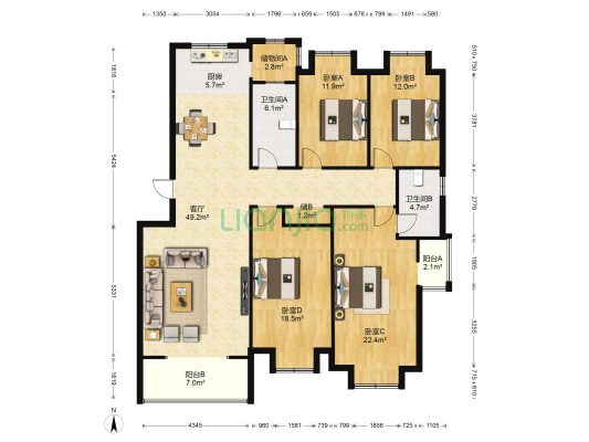 置地天中第一城西苑 4室1厅2卫 156平方