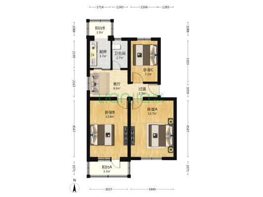 永定路52号院 3室1厅1卫 74平方