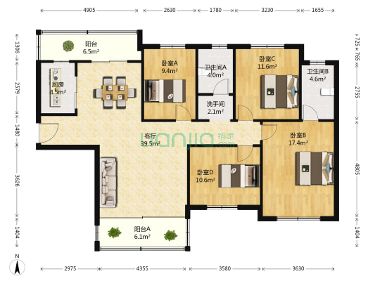 星河国际 4室1厅3卫 145平方