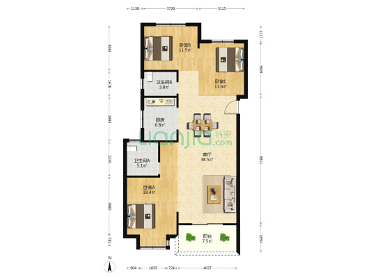 香堤绿都二期 3室1厅2卫 127平方