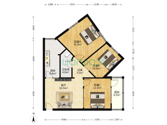 长安剧团家属院 3室1厅1卫 88平方