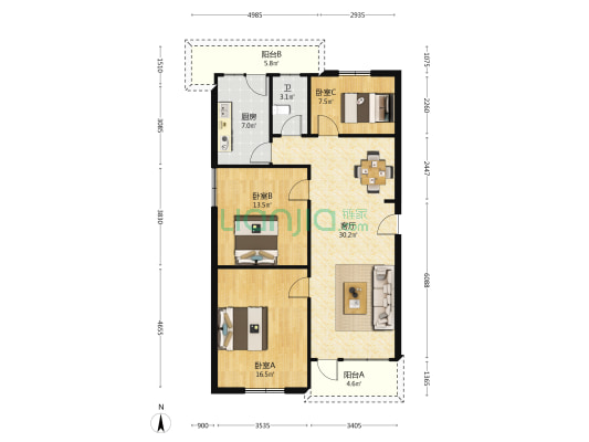 龙丰五号小区 3室1厅1卫 104平方