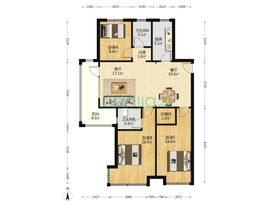 万岳华府鲲鹏府 3室2厅2卫 114平方