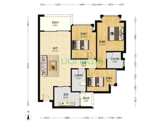 恒大锦城一期3组团 3室1厅2卫 106平方