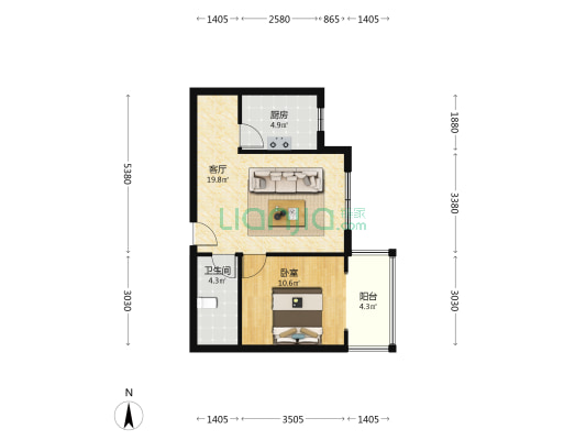 中医院旁正规一居室，大阳台，采光好-户型图