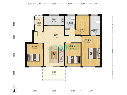 万科幸福悦A区 4室1厅2卫 99平方