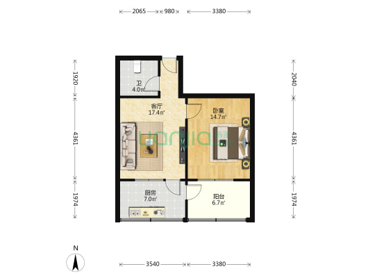 市有线广播电视台宿舍 1室1厅1卫 53平方