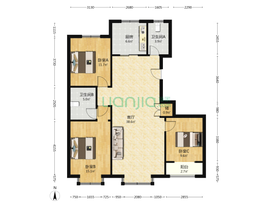 开元峰景 3室1厅2卫 127平方