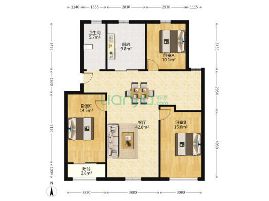 七街商圈 朝阳小区 精装三室 生活便利 拎包入住-户型图