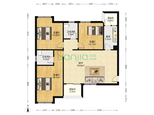 旌阳1号 3室1厅2卫 120平方