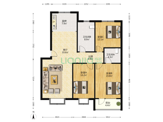 坤明美地 3室1厅2卫 129平方