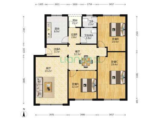 陵州路三段20号 3室2厅2卫 123平方