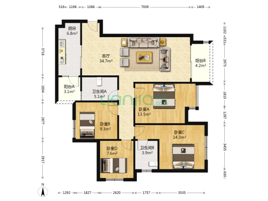 优雅长乐居 4室1厅2卫 125平方