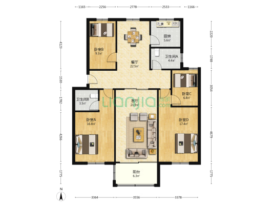 娱乐公寓小区 4室2厅2卫 136平方