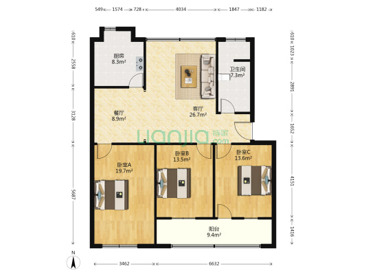 襄南监狱干休所 3室2厅1卫 127平方