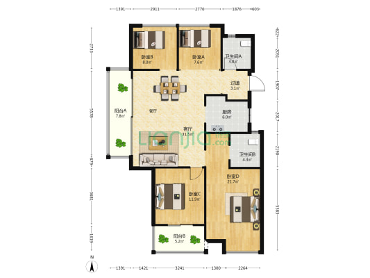 滨江万家花城兴和苑 4室1厅2卫 127平方