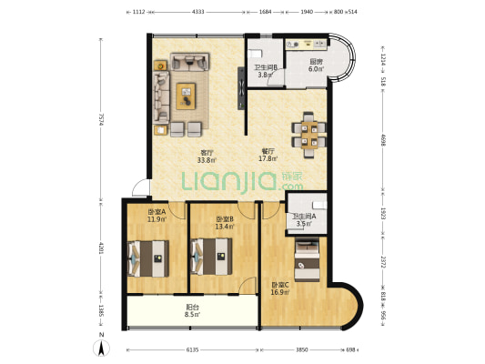 中级人民法院住宅宿舍 3室2厅2卫 131平方