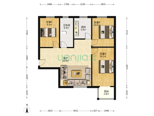 这个房子南北通透，三居室，采光好-户型图