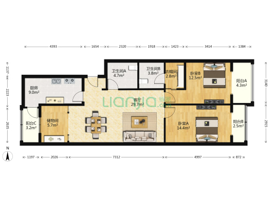 文津世家 2室1厅2卫 120平方