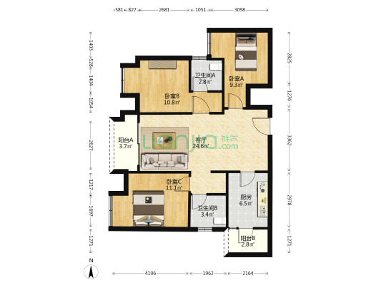 招商雍璟城璟璨 3室1厅2卫 92平方