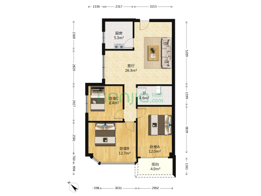 雅致花园 3室1厅1卫 93平方