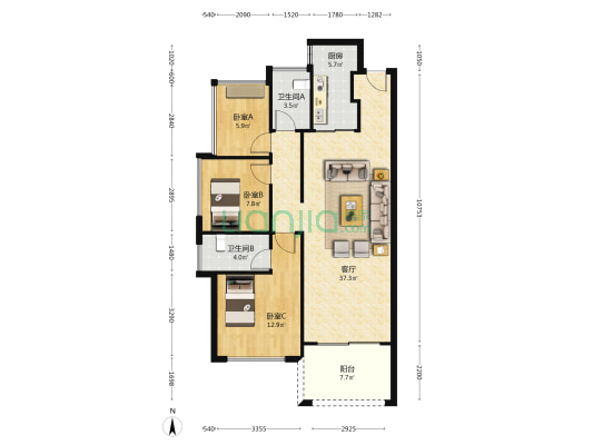 七里香堤花园 3室1厅2卫 98平方