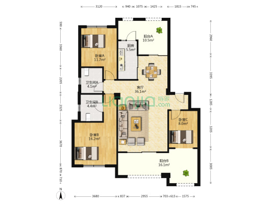 龙岭华府 3室1厅2卫 126平方