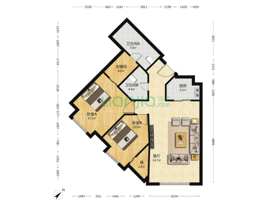 新世界名汇 2室1厅2卫 136平方