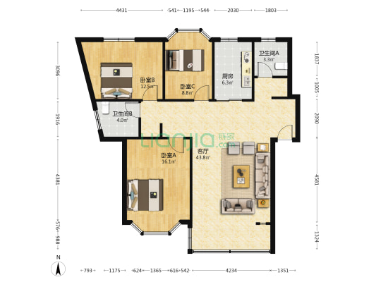 怡佳公寓 3室1厅2卫 114平方