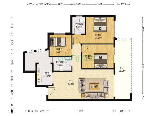 麓府 3室1厅2卫 100平方