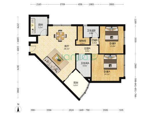 富华阁 2室1厅2卫 116平方