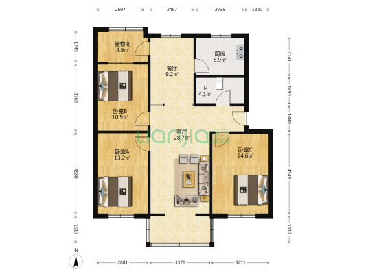 一汽41街区 3室2厅1卫 111平方