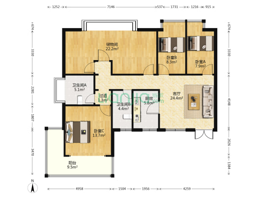 兴威新嘉园 3室1厅2卫 150平方