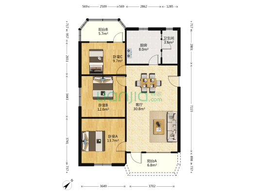 长安西街 3室1厅1卫 108平方