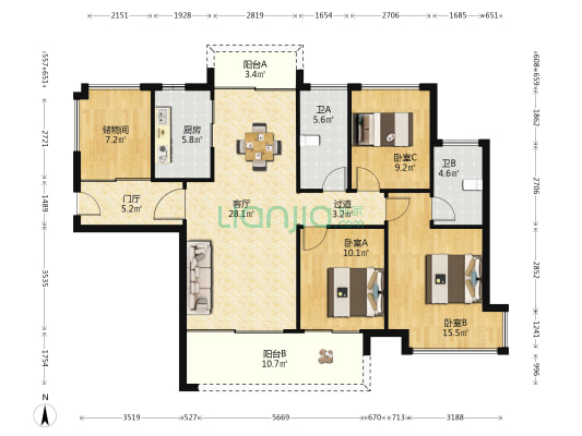 海棠郡 3室1厅2卫 124平方