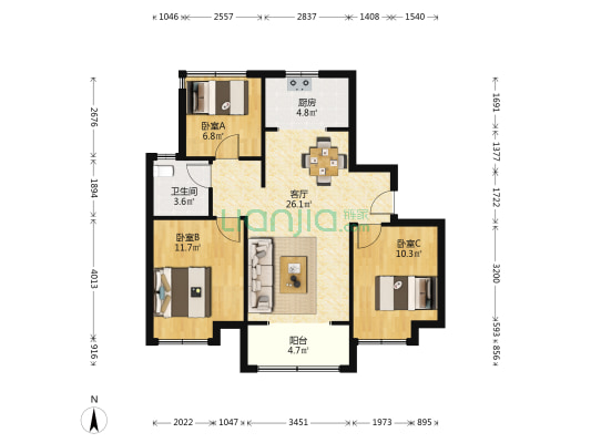 龙湖天曜 3室1厅1卫 98平方